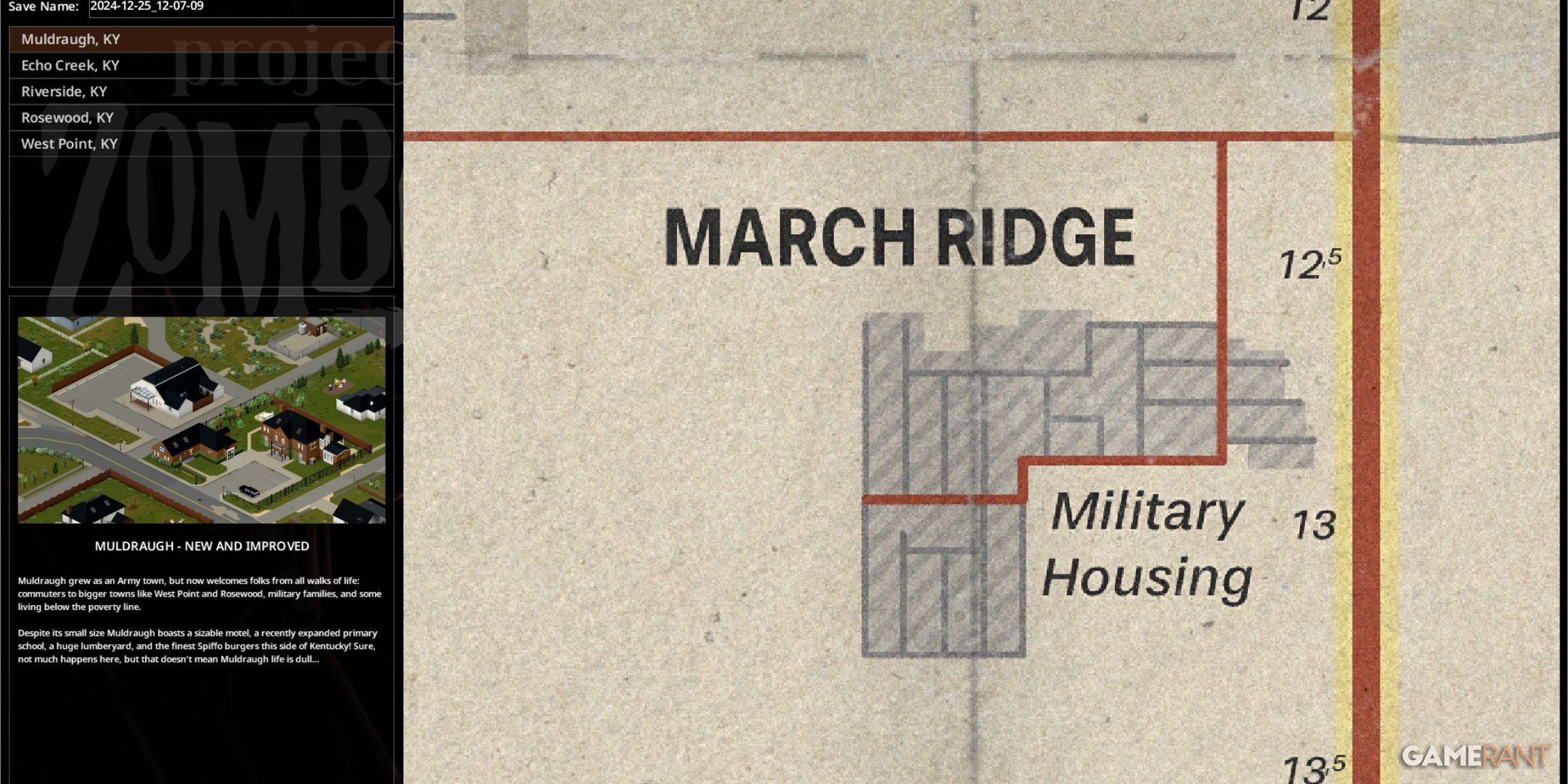 March Ridge map in Project Zomboid, showing residential areas and military housing