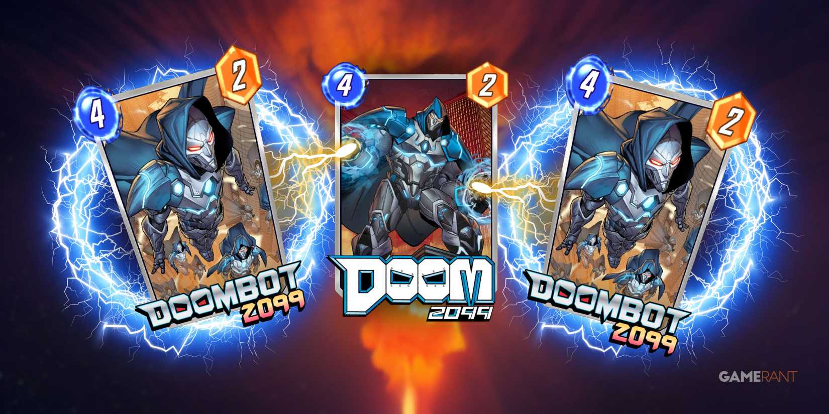 the doom 2099 and doombot 2099 cards from marvel snap.