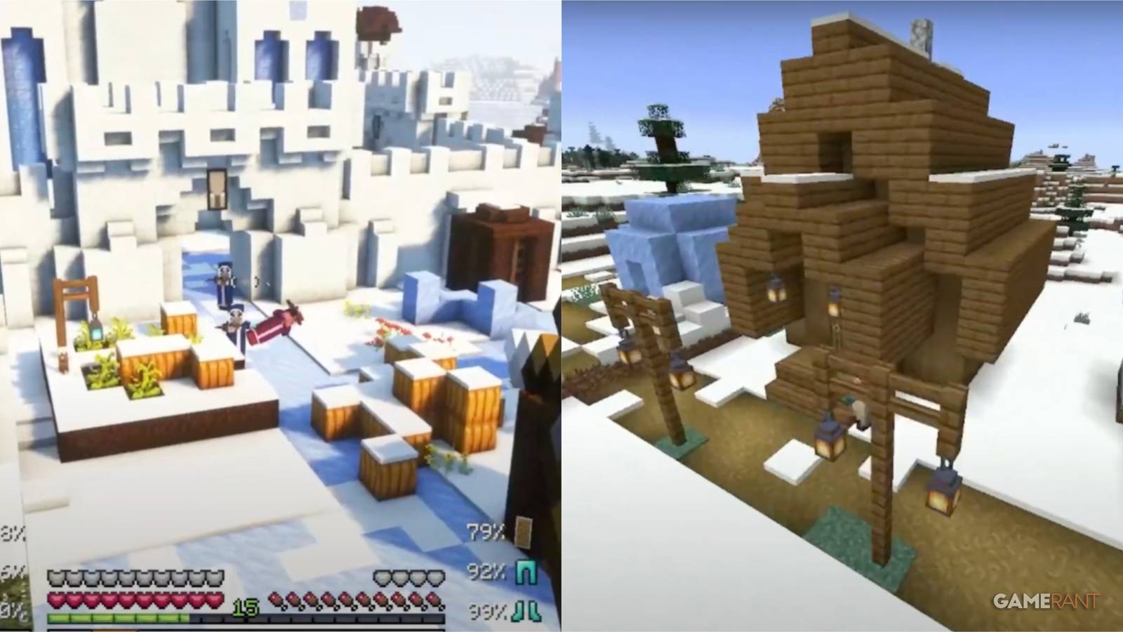 split image of a pillager outpost and a snow village in Minecraft