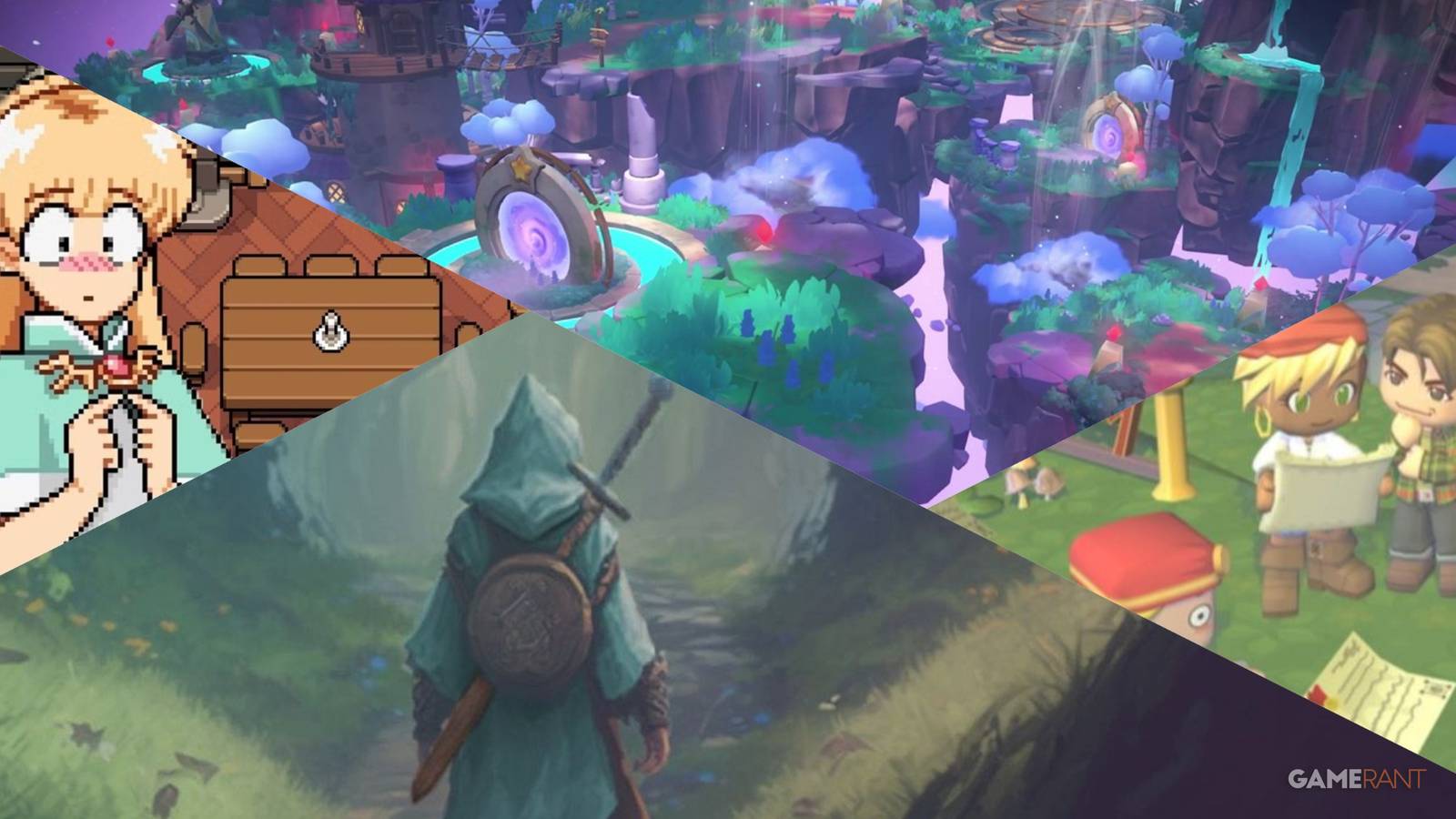 Art and screenshots from Mirthwood, Fields of Mistria, Fae Farm, and MySims Kingdom