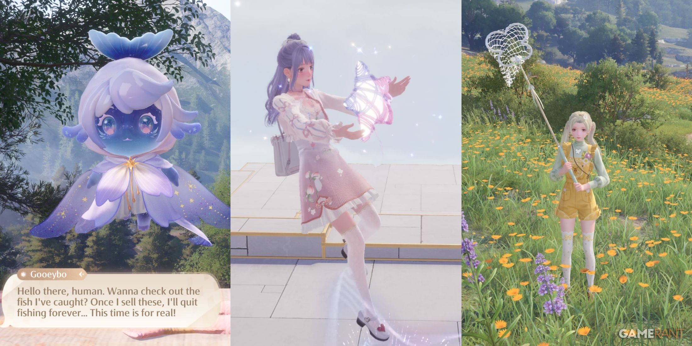 Nikki getting a whimstar, a Faewish Sprite fish vendor, and Nikki catching bugs in Infinity Nikki