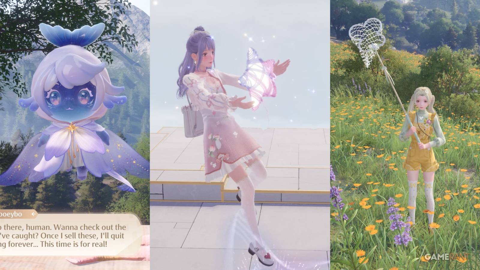 Nikki getting a whimstar, a Faewish Sprite fish vendor, and Nikki catching bugs in Infinity Nikki
