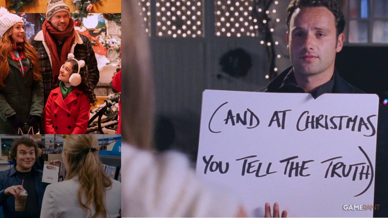 three pictures from romantic Christmas movies
