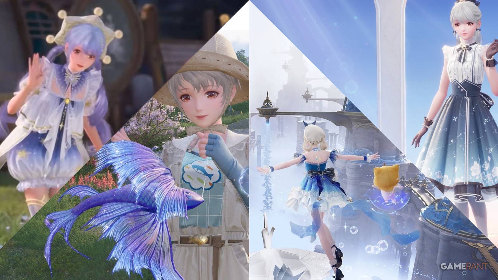 Four ability outfits from Infinity Nikki: shrinking, fishing, floating, and gliding