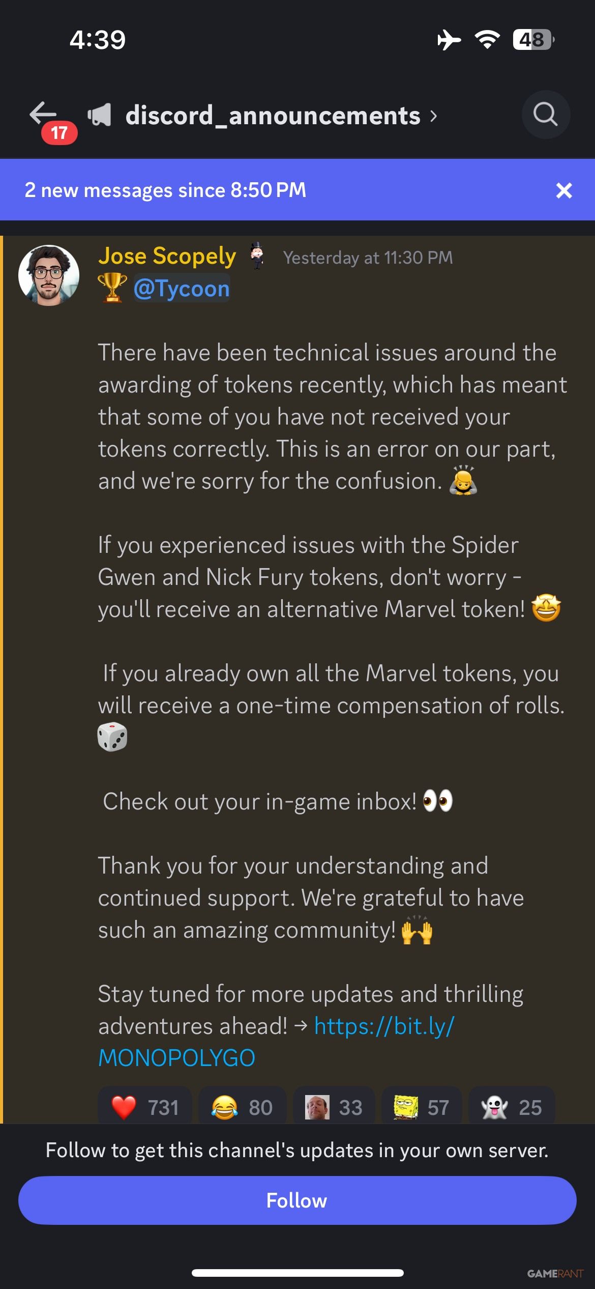 Monopoly GO Discord message