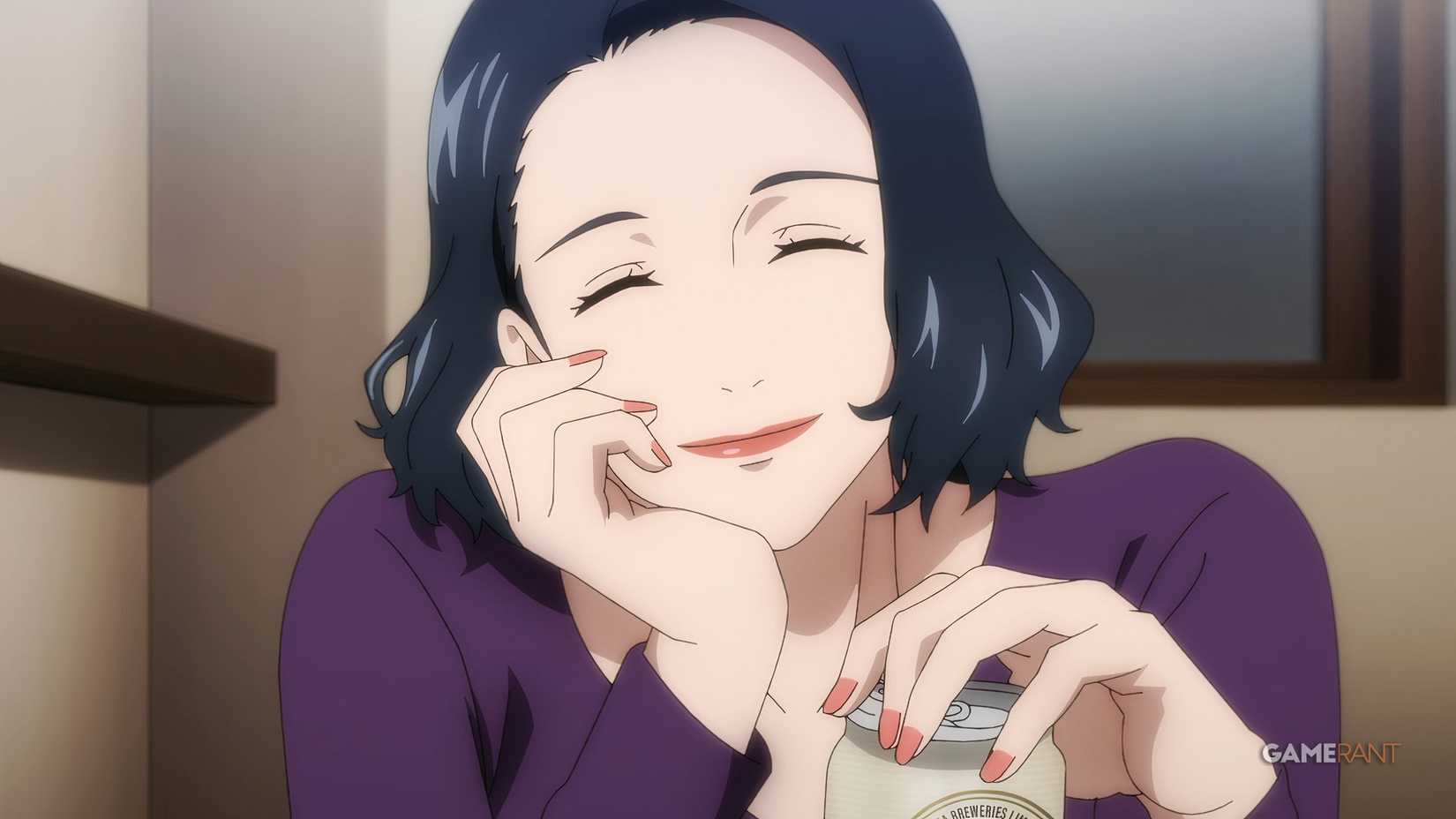 Nagi Yoshino smiles with a can of beer in her hand in Jujutsu Kaisen.