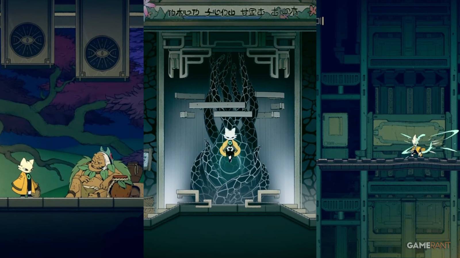 split image of Yi with Shennong, Yi emerging from a Node, and Yi parrying in Nine Sols