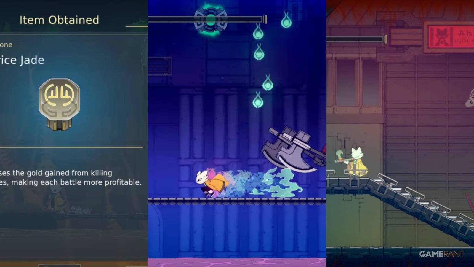 split image of the Avarice Jade, Yi using the Revival Jade, and Yi healing in Nine Sols