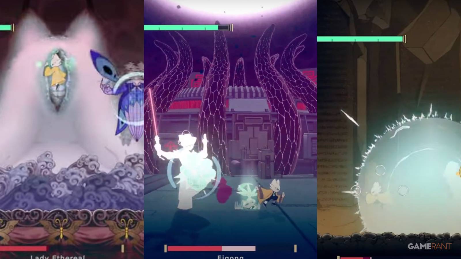 Split image of Yi using the three Spell Styles in Nine Sols