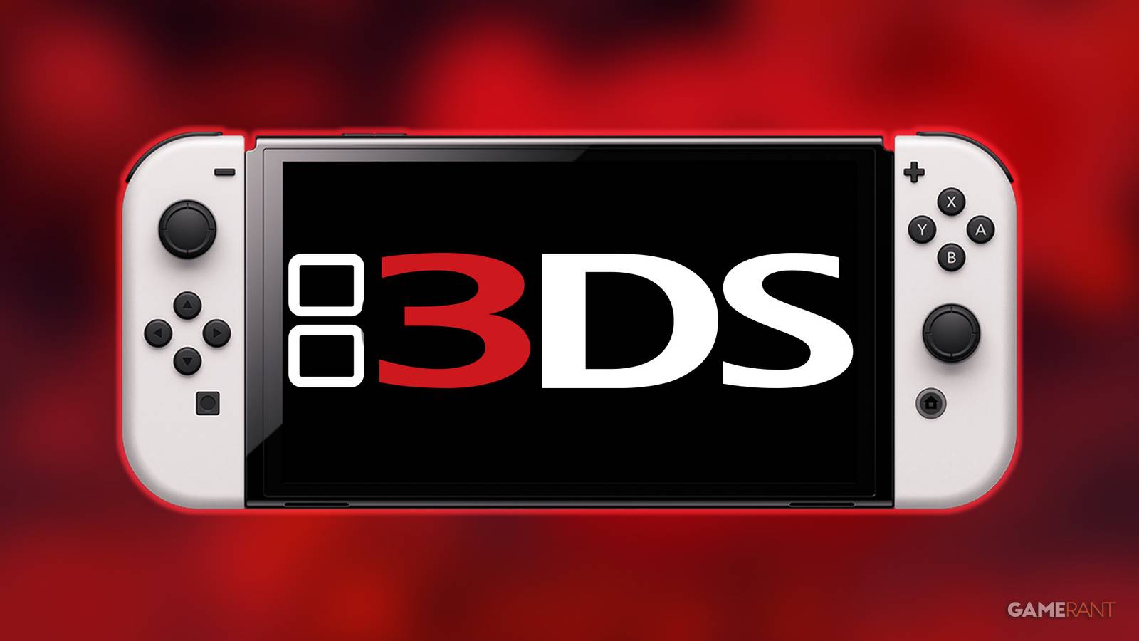 Nintendo Switch OLED Model displaying 3DS logo in front of blurred and red-tinted Kirby Planet Robobot key art