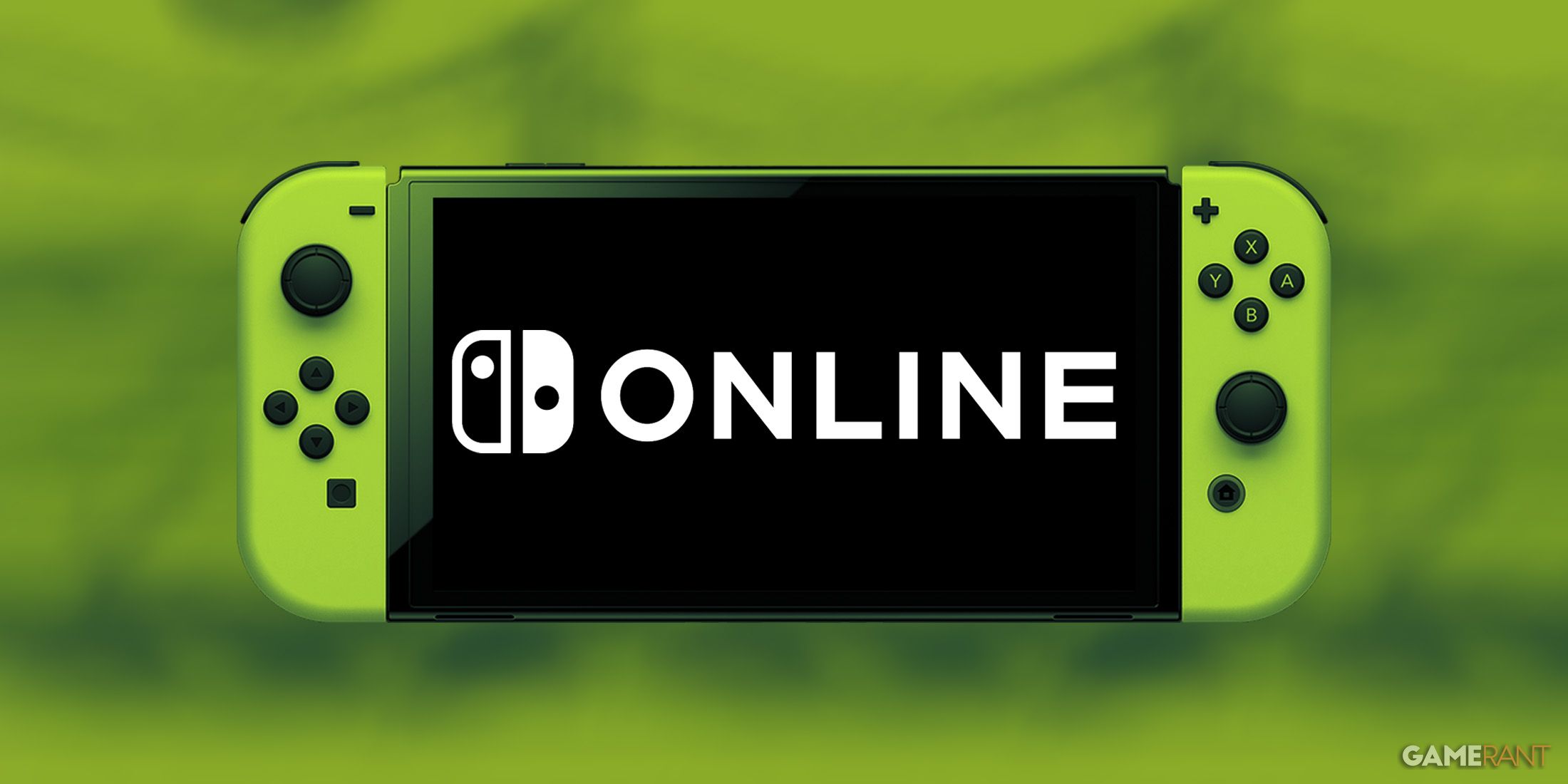 Nintendo Switch Online logo on Lime Switch OLED Model over blurred Donkey Kong Land 3 screenshot 2x1 composite