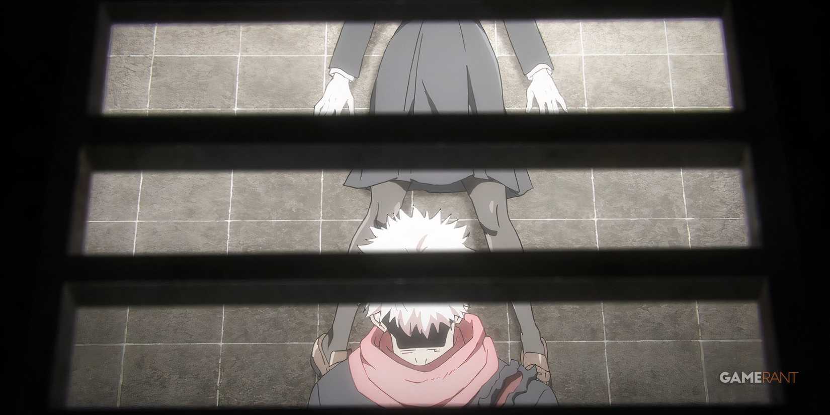 A view through an air vent shows Yuji mourning over Nobara's lifeless body at the Shibuya Subway Station in Jujutsu Kaisen.