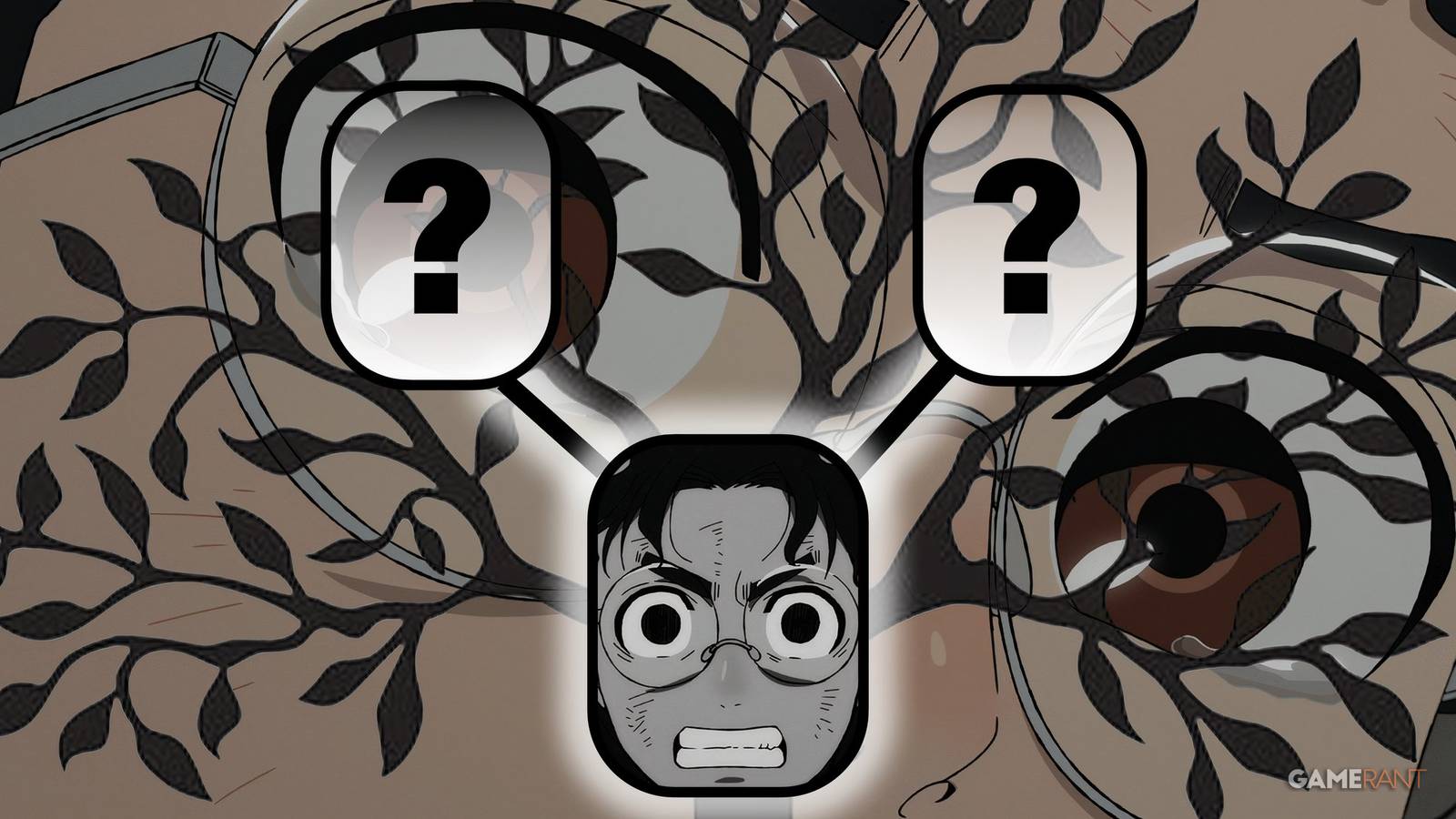 A family tree diagram shows Okarun at the bottom with his parent's sections filled with question marks. The background features a tree silhouette with Okarun's face behind it. Custom image for Dandadan.