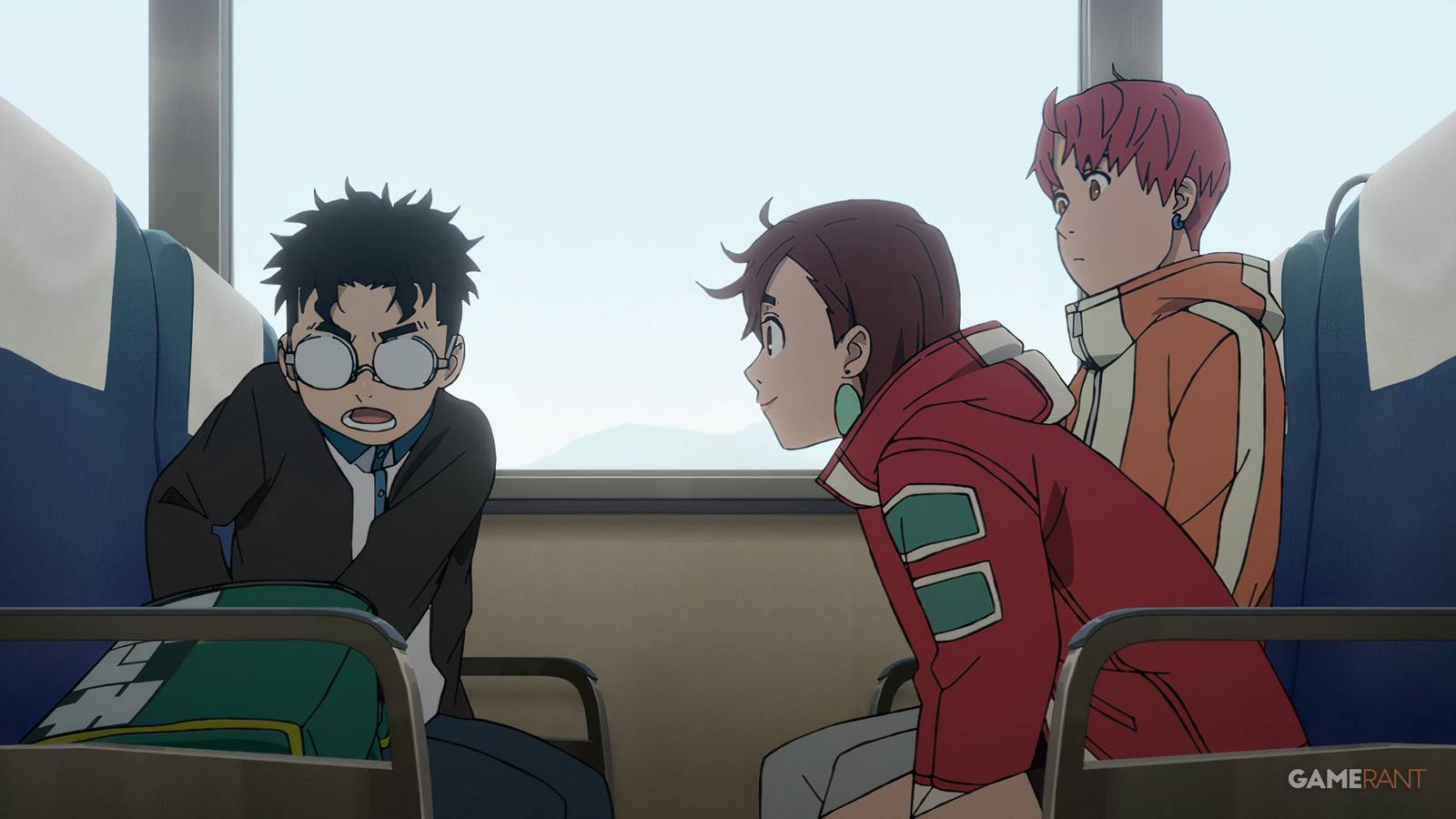 Okarun, Jiji, and Momo discuss cryptids while on the train to Jiji's house in Dandadan.