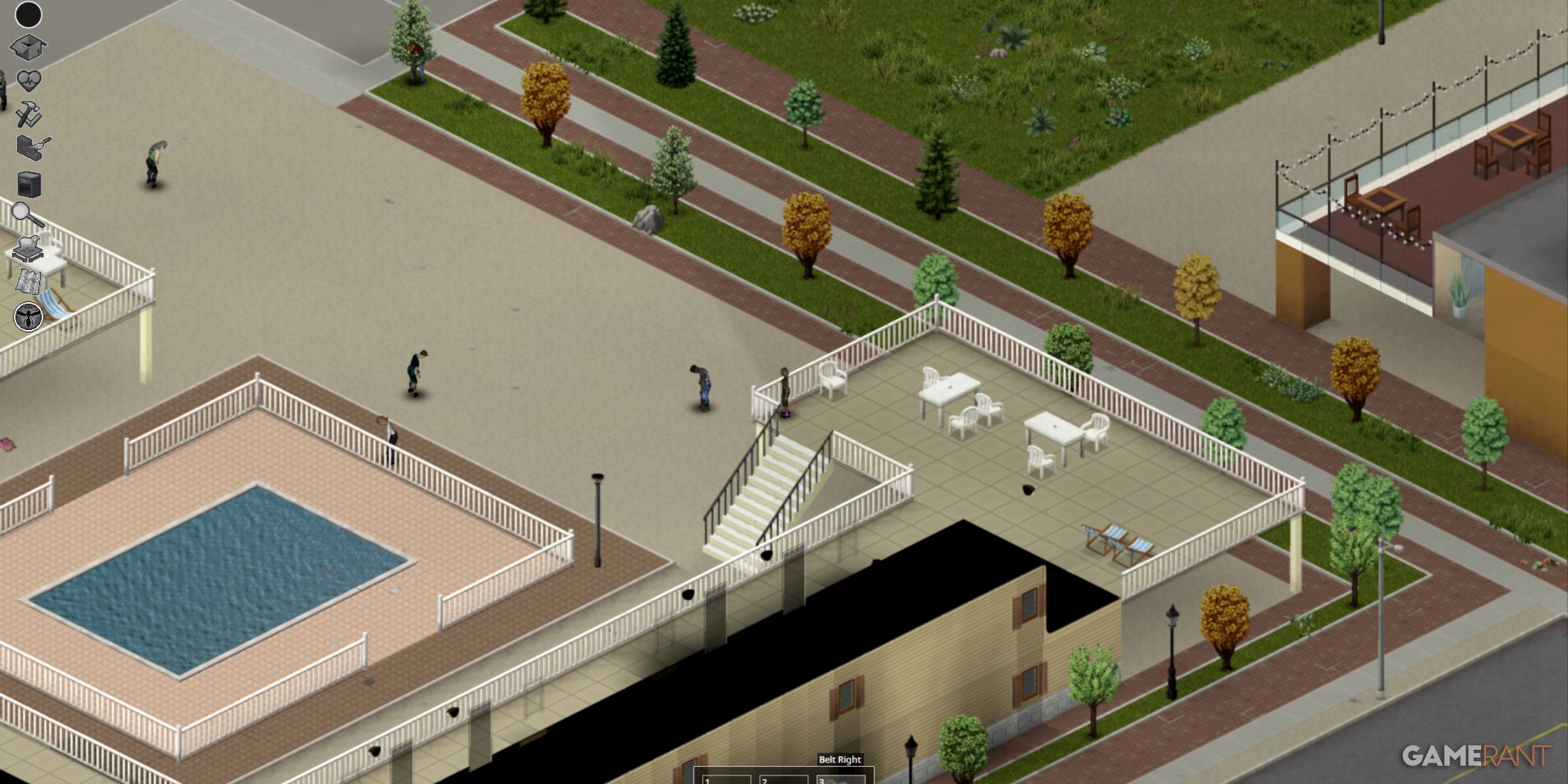 Outdoor swimming pool area with zombies roaming around, near Riverside apartments