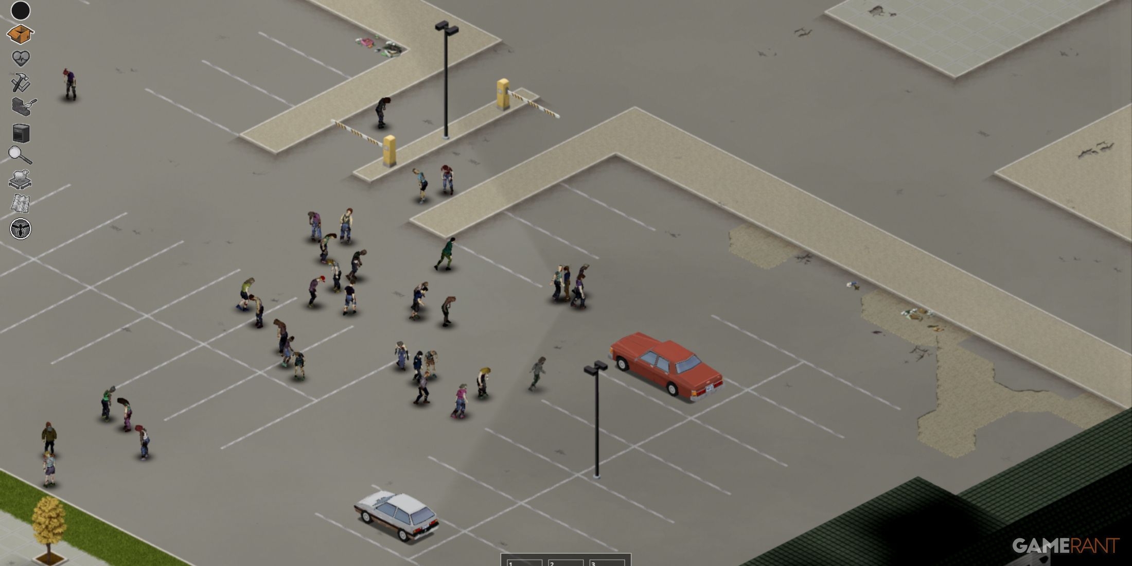 Parking lot filled with zombies in Louisville, Project Zomboid, highlighting the survival challenge