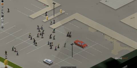 Parking lot filled with zombies in Louisville, Project Zomboid, highlighting the survival challenge