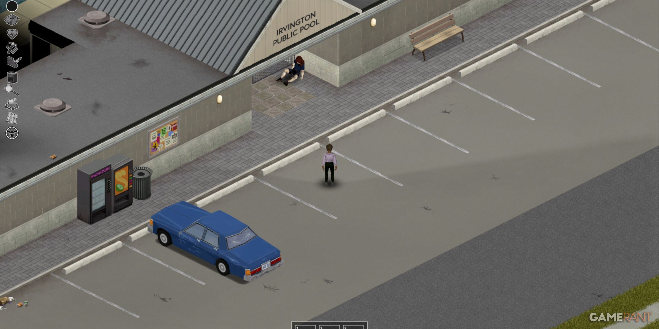 Parking lot outside Irvington Public Pool, with vending machines and a car, Project Zomboid.