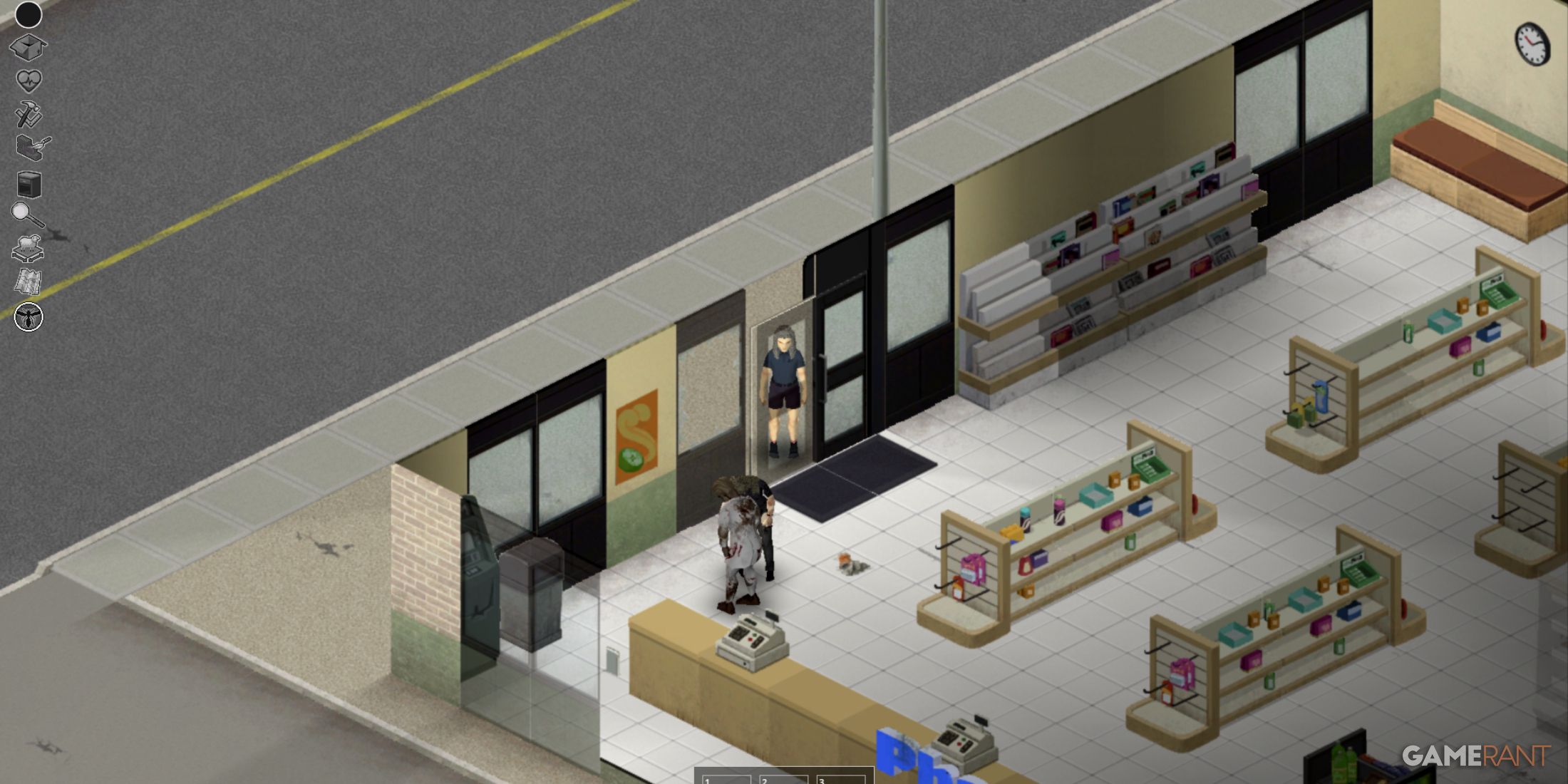 Pharmacy interior in West Point, Project Zomboid, with lootable shelves and zombies inside