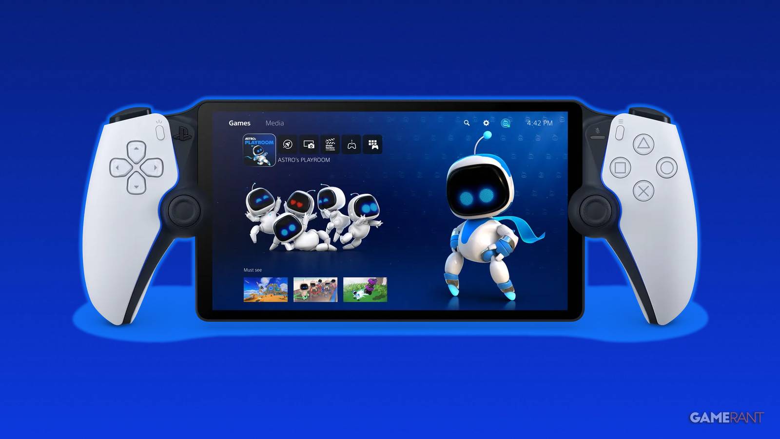 PS PlayStation Portal displaying Astro's Playroom on dark blue background 2x1 composite with blue outline