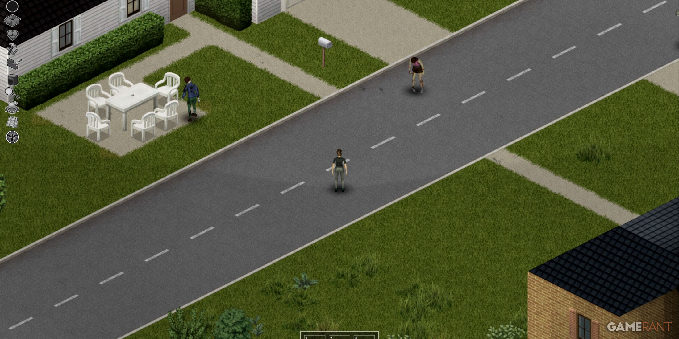 Residential street in Ekron with outdoor furniture and zombies nearby IN Project Zomboid