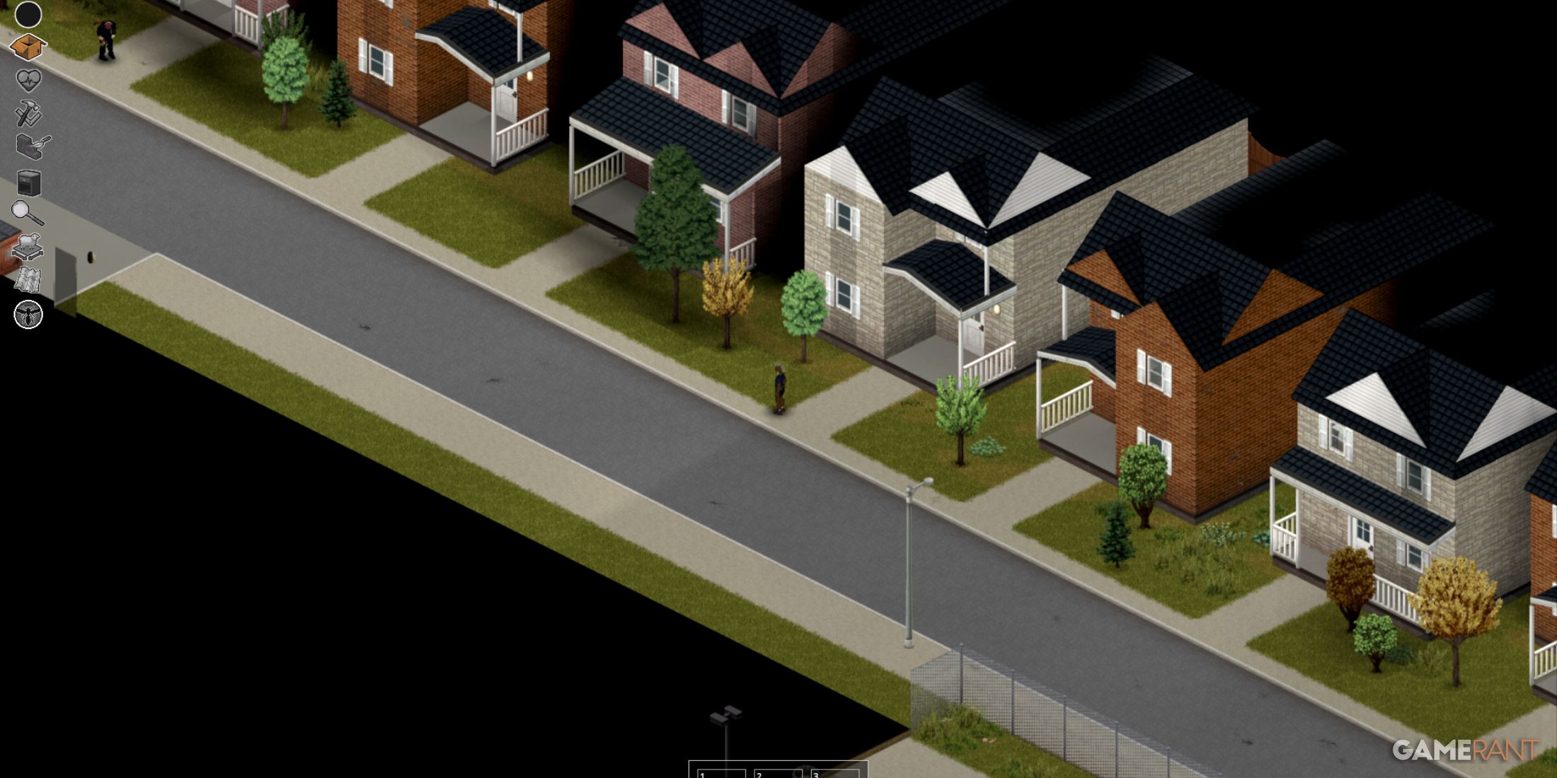 Residential street in Louisville, Project Zomboid, showcasing houses and suburban environment