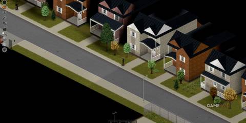 Residential street in Louisville, Project Zomboid, showcasing houses and suburban environment