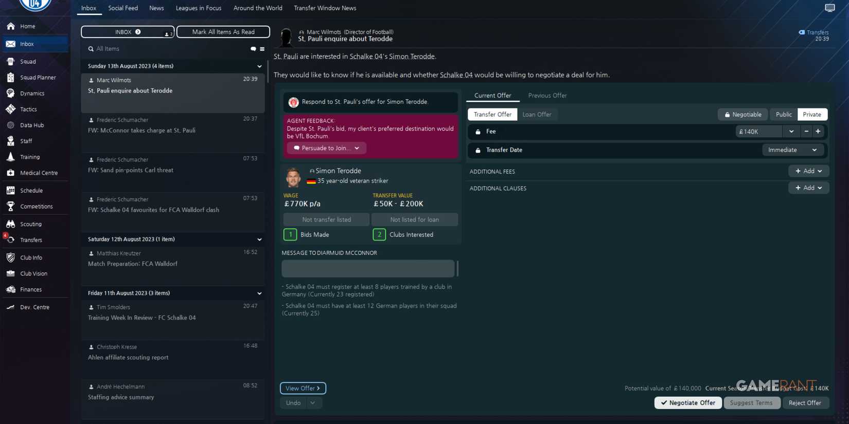 Schalke 04 negotiating Simon Terodde’s transfer in Football Manager 2024