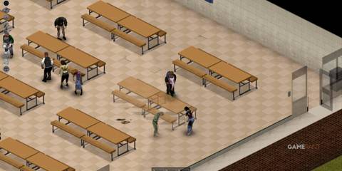 School cafeteria in Irvington overrun by zombies, with benches and tables, Project Zomboid