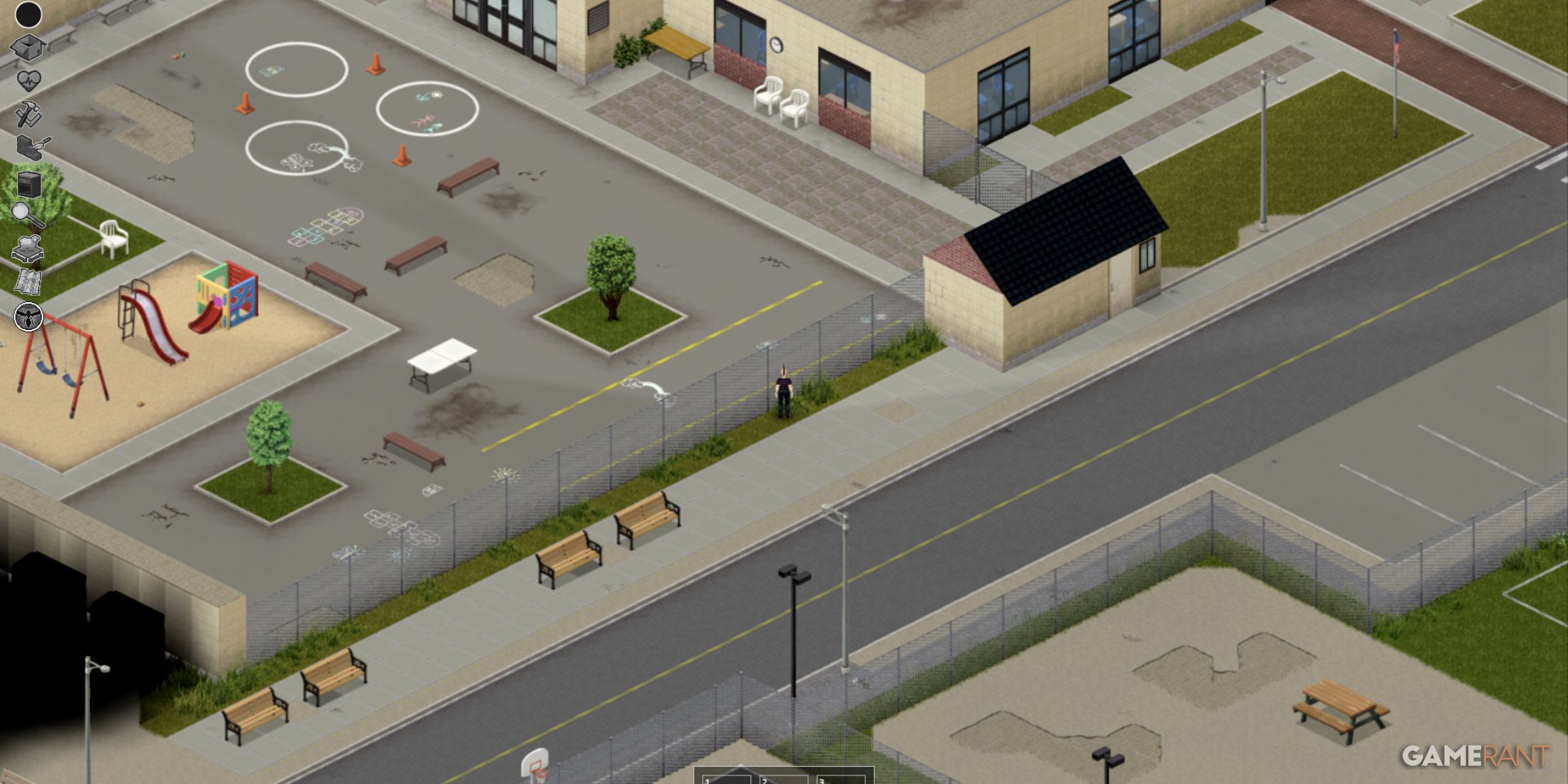 School playground in Muldraugh, Project Zomboid, with slides, benches, and open exploration areas