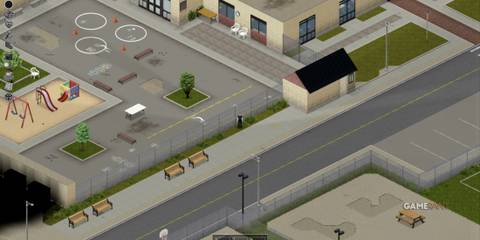 School playground in Muldraugh, Project Zomboid, with slides, benches, and open exploration areas