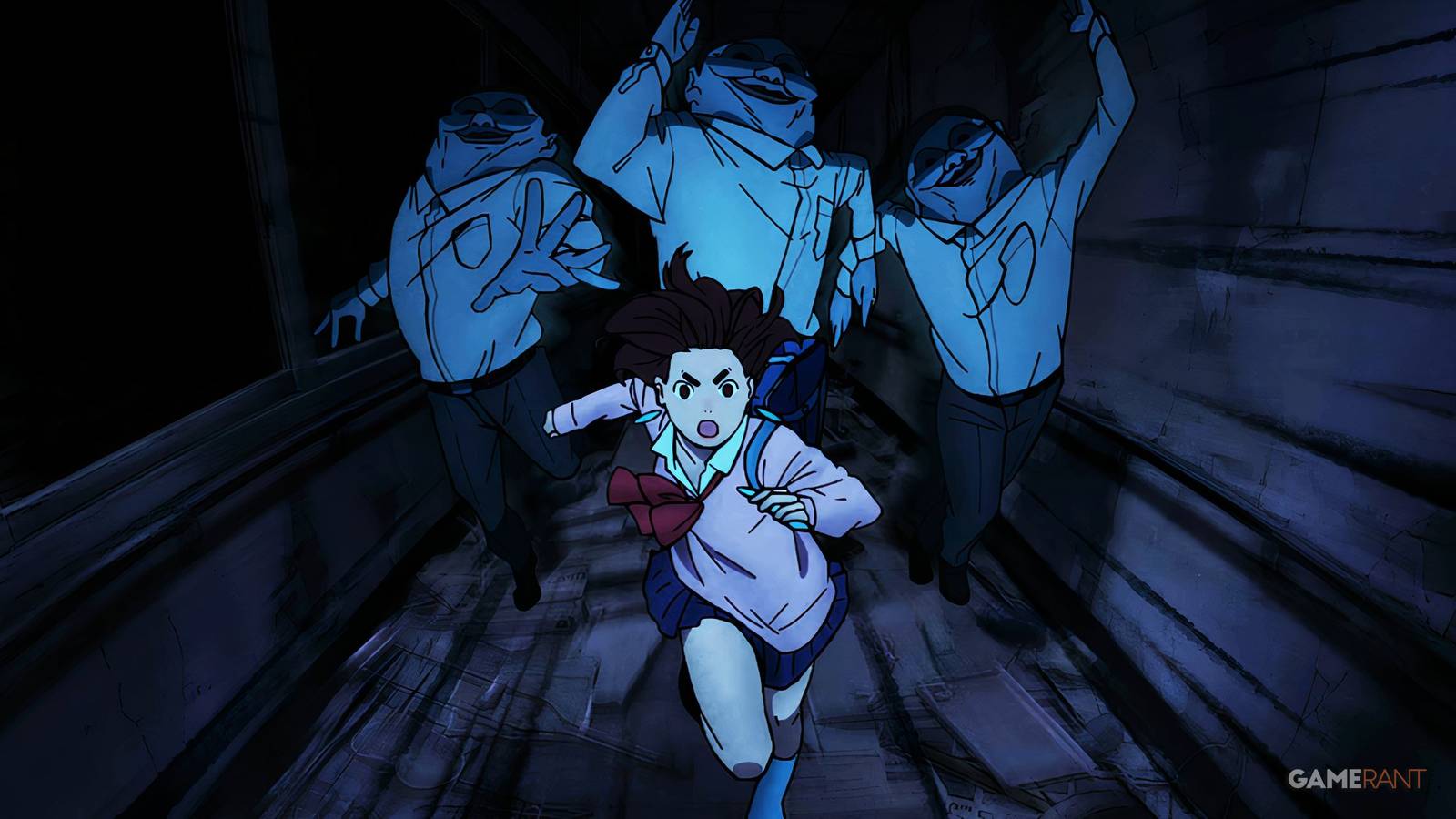 Momo runs away from a trio of Serpo aliens inside an abandoned building in Dandadan.