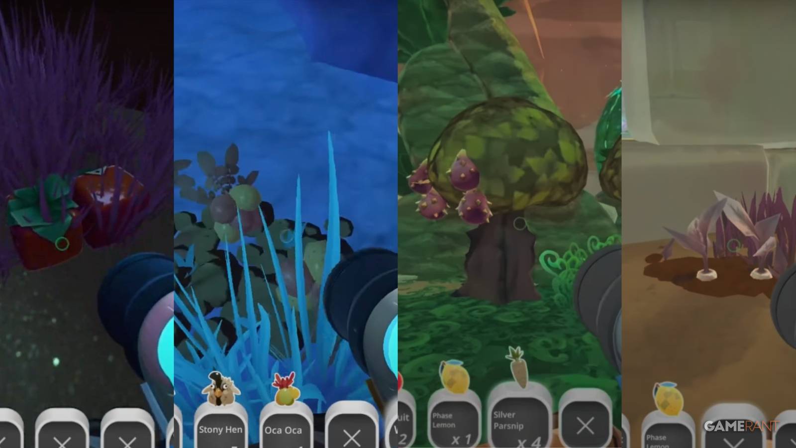 split image of Cuberries, Oca Oca, Prickle Pear, and Silver Parsnip in Slime Rancher