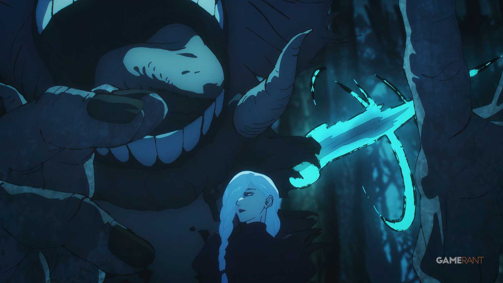 Mei Mei peeks behind her as one of her crows sacrifices itself for her to exorcise the Smallpox Deity in Jujutsu Kaisen.