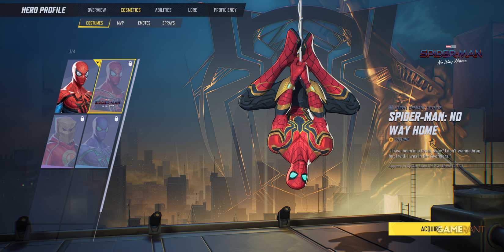 Spider-Man in his No Way Home suit swinging into action, a key choice in MCU skins in Marvel Rivals