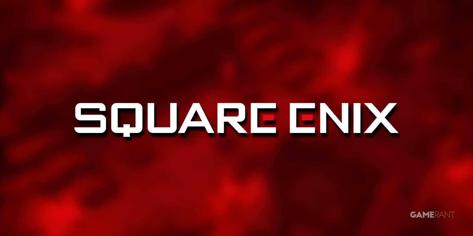 Square Enix logo over red-tinted and blurred Triangle Strategy promo screenshot