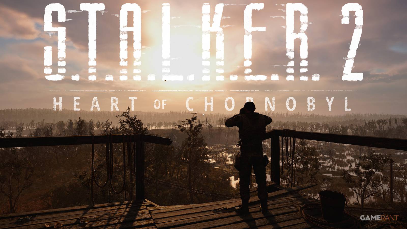 STALKER 2 Heart of Chornobyl logo in front of hunter with binoculars 2x1 composite