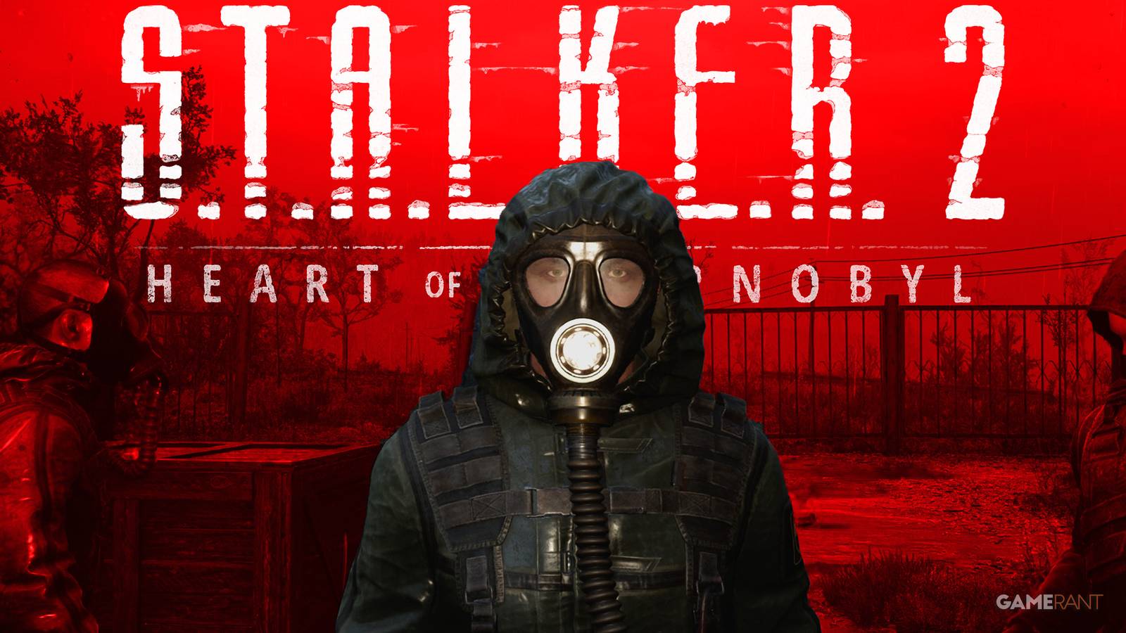 STALKER 2 Heart of Chornobyl white logo guy in gas mask hood red background 2x1 composite