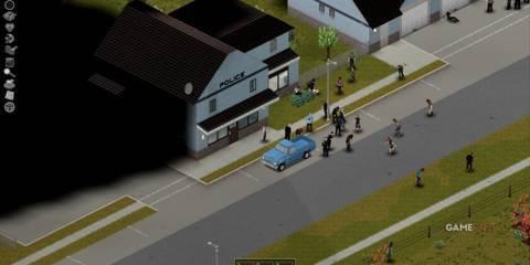 Street in Irvington with zombies gathering outside the police station, Project Zomboid