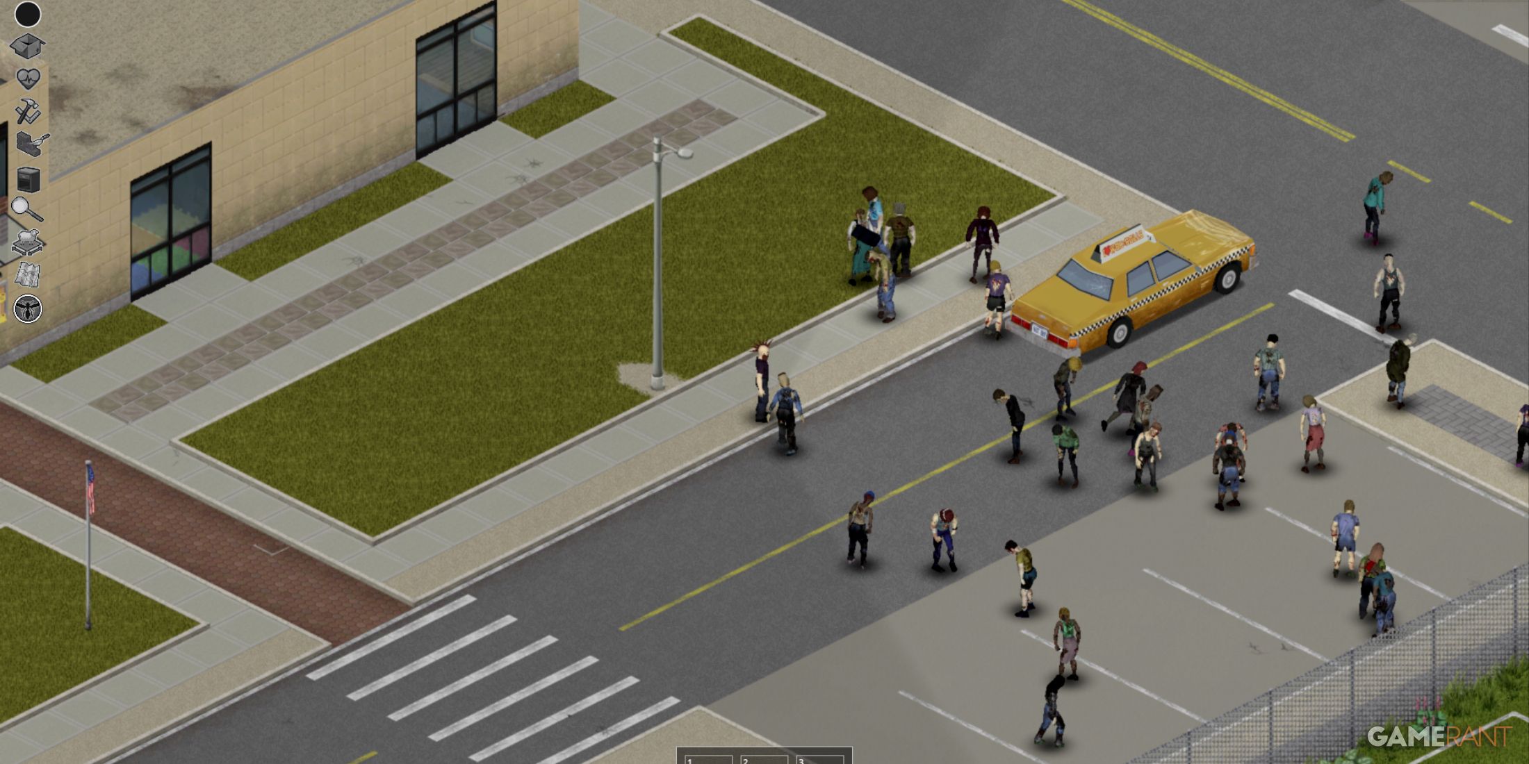 Street near a school in Muldraugh, Project Zomboid, with zombies and a yellow taxi in view