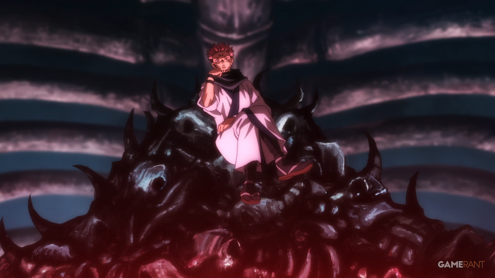 Sukuna sits upon a pile of bones while inside his domain, which happens to look like the inside of a ribcage, in Jujutsu Kaisen.