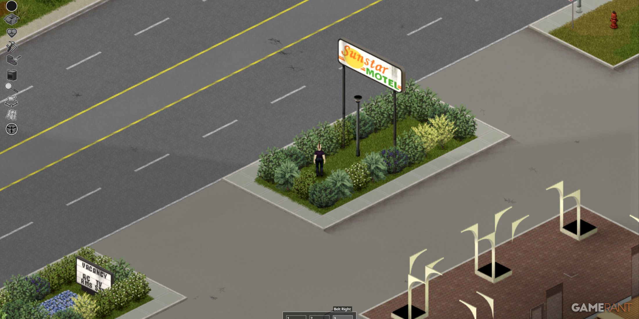 Sunstar Motel sign in Muldraugh, Project Zomboid, near a road surrounded by greenery