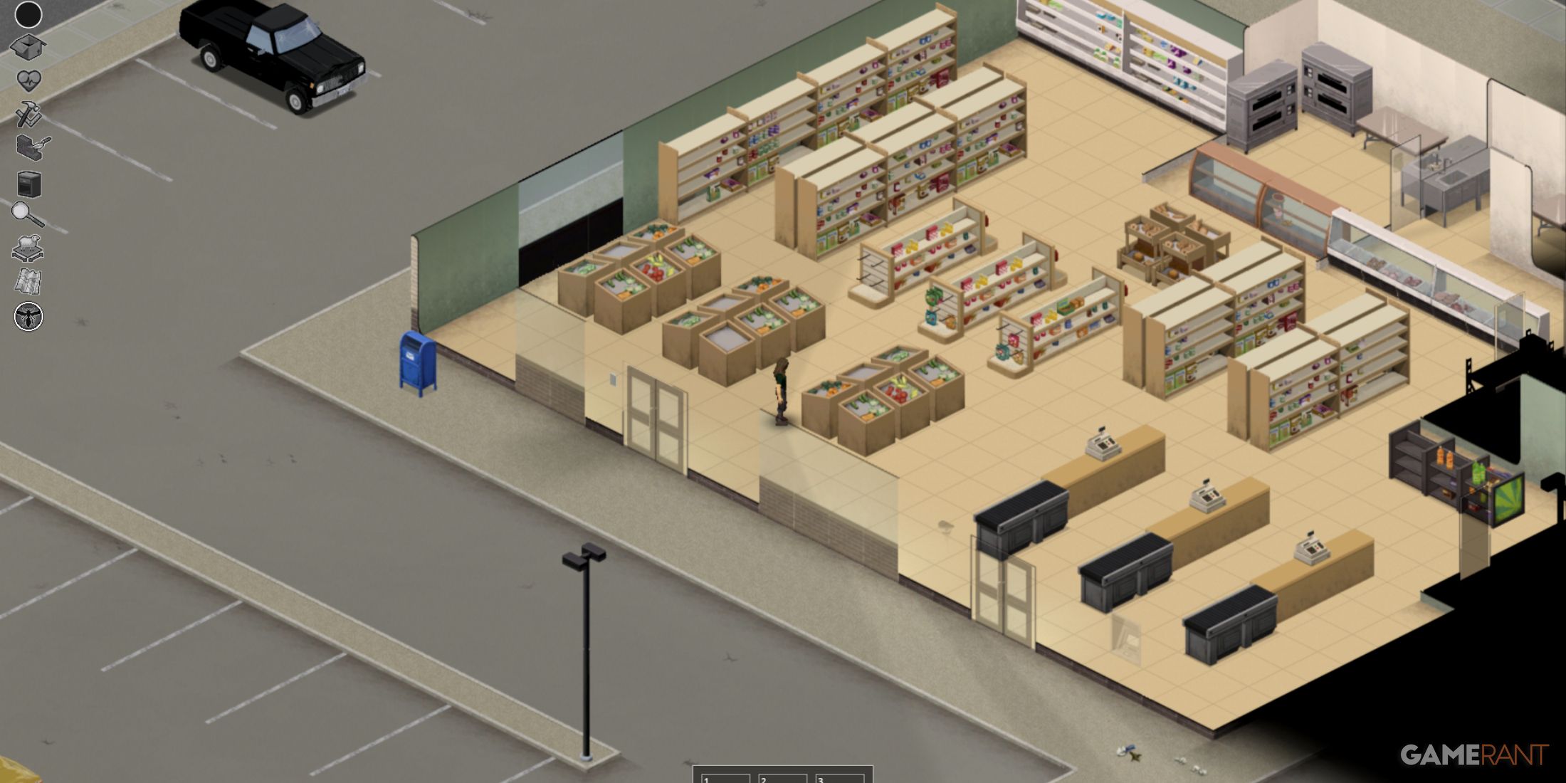 Supermarket interior with stocked shelves in March Ridge, Project Zomboid.