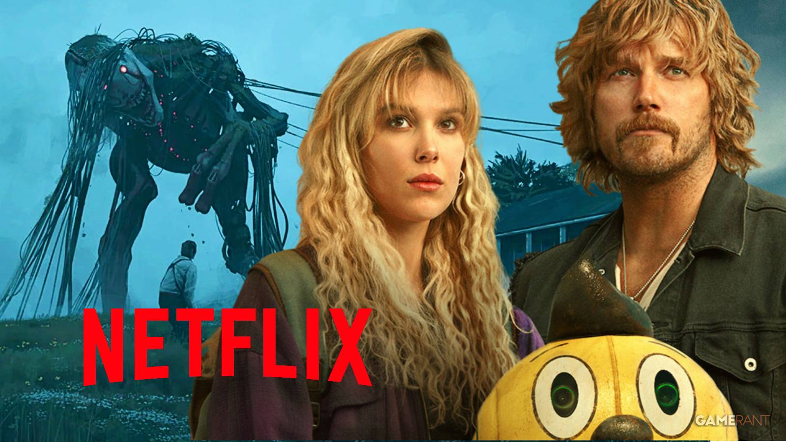 millie bobby brown and chris pratt in the electric state, netflix logo, art from the electric state graphic novel