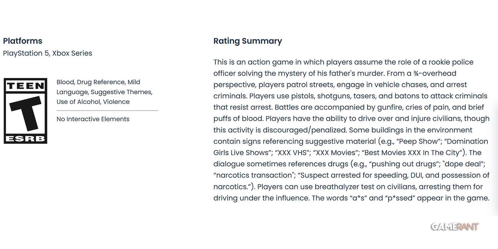 The Precinct ESRB rating summary