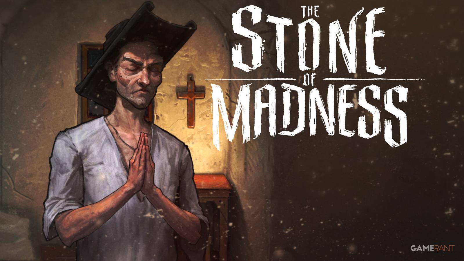 The Stone of Madness Alfredo Martin priest praying next to game logo