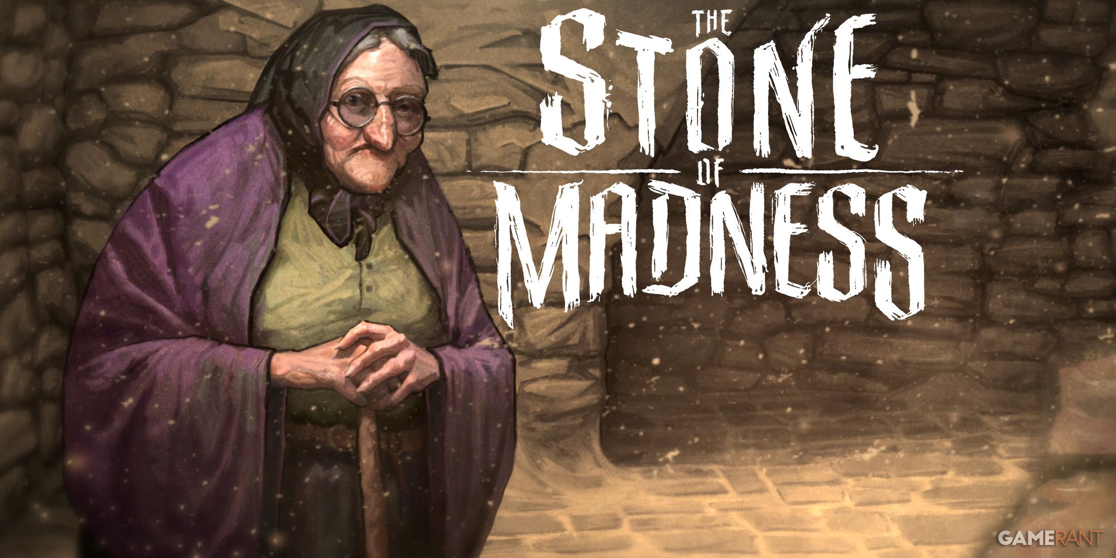 The Stone of Madness logo next to Agnes Santos The Witch character artwork