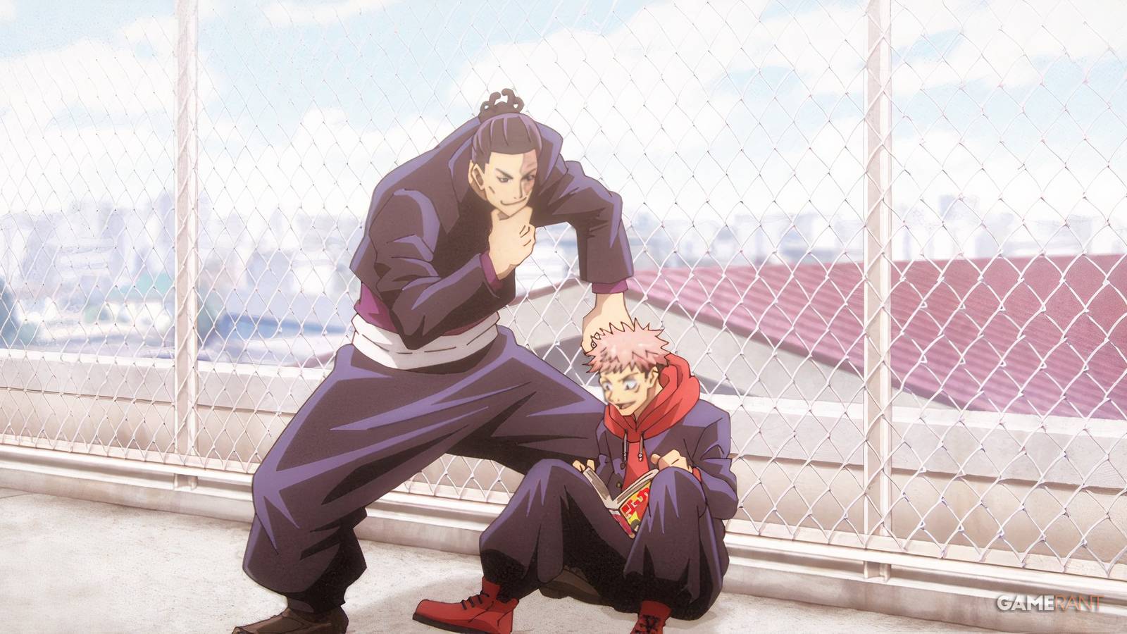 Todo and Yuji read a manga while hanging out on a high school rooftop in Jujutsu Kaisen.