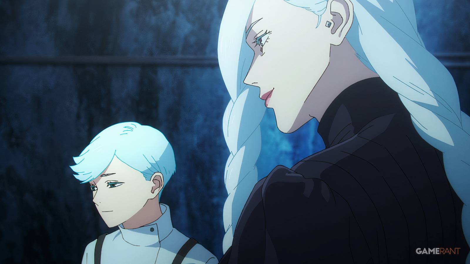 Ui Ui And Mei Mei stand next to each other inside a Shibuya subway tunnel in Jujutsu Kaisen.