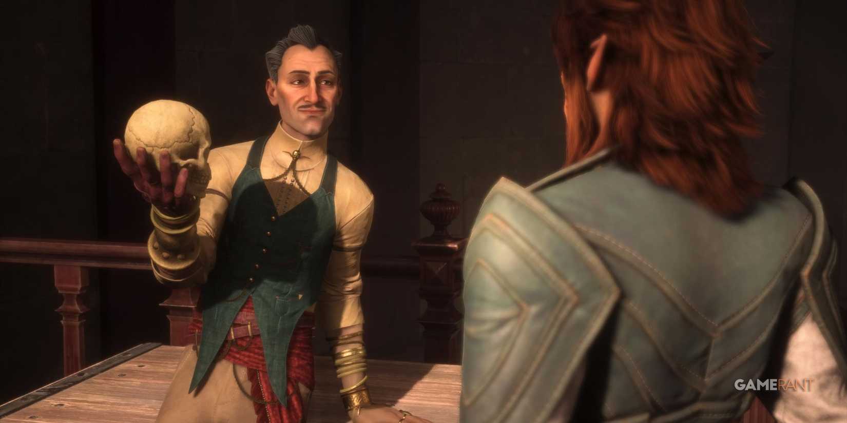 Emmrich smiling sitting on a desk with a skull in Dragon Age: The Veilguard
